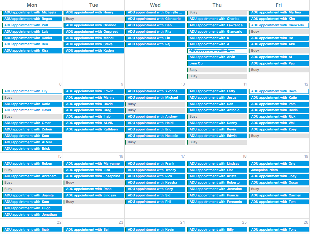 A calendar filled edge to edge with booked appointments