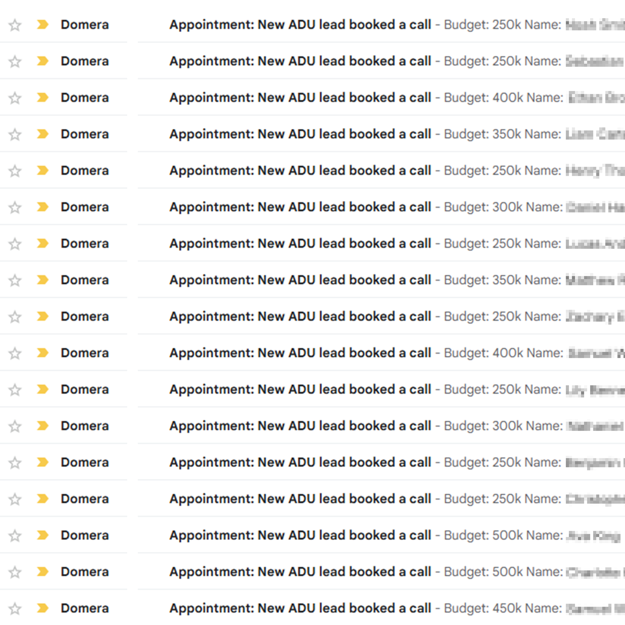 Inbox full of new lead booking notifications